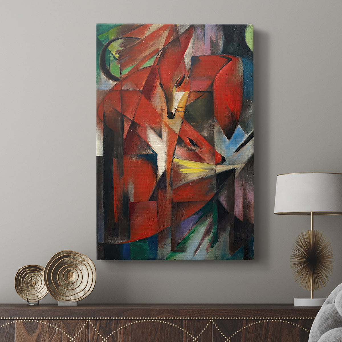 Canvas art print featuring a dynamic composition with foxes and bold structure displayed in a modern interior space.