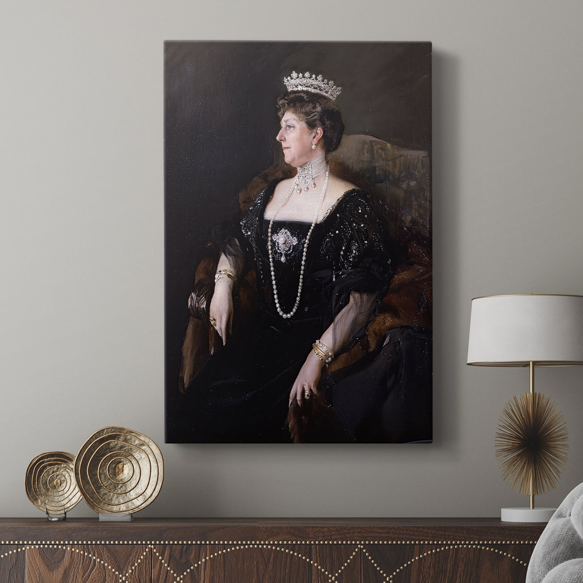 Canvas art print featuring a refined portrait with calm expression and soft highlights displayed in a modern interior space.