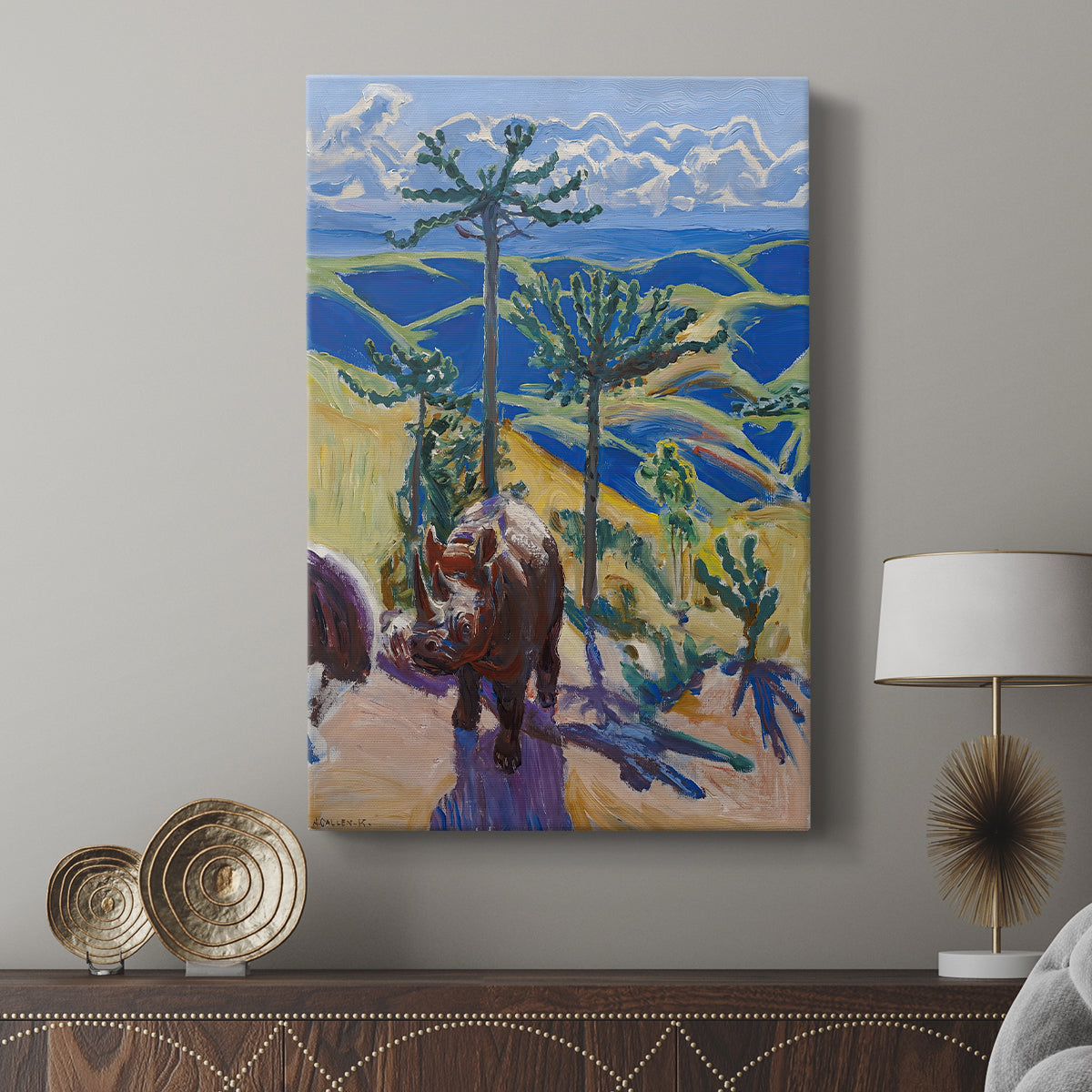 Canvas art print featuring an animal-focused composition with bold shapes and vibrant tones displayed in a modern interior space.