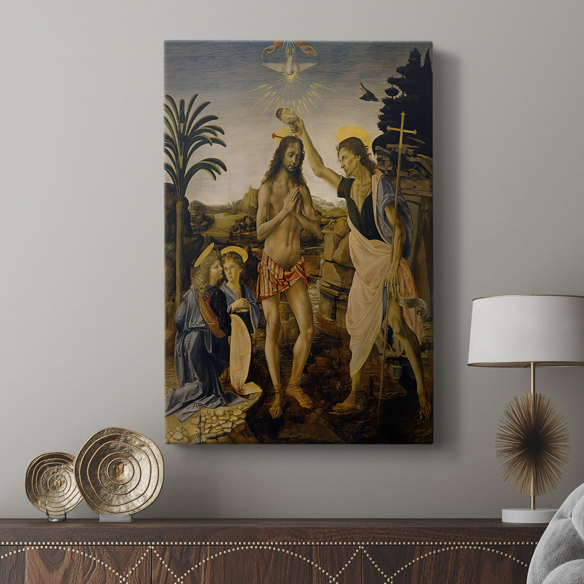 Canvas art print featuring a classical scene with multiple figures and gentle tones displayed in a modern interior space.