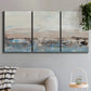 Three-panel canvas wall art featuring abstract bridge landscape in cyan, displayed in a modern living room above a sofa.