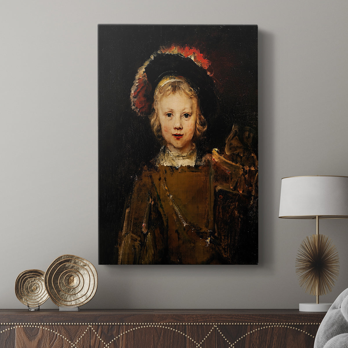 Canvas art print featuring a composed portrait with detailed fabric and subtle contrast displayed in a modern interior space.