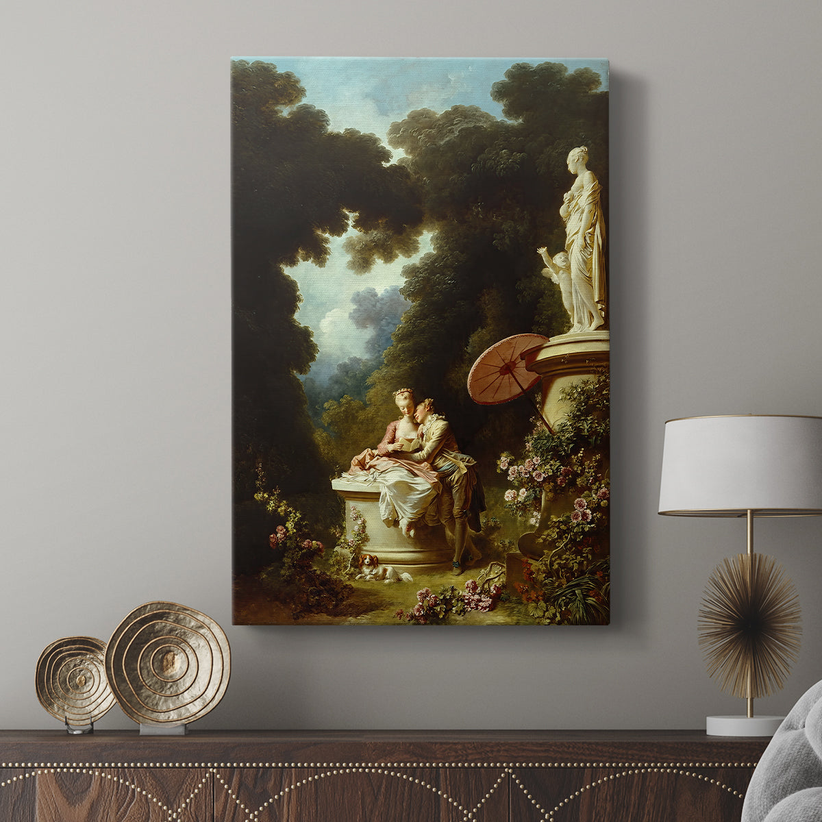 Canvas art print featuring a decorative scene with letter reading and flowing forms displayed in a modern interior space.