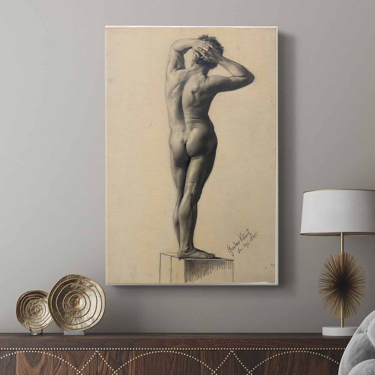 Canvas art print featuring a natural figure pose captured with clean lines displayed in a modern interior space.