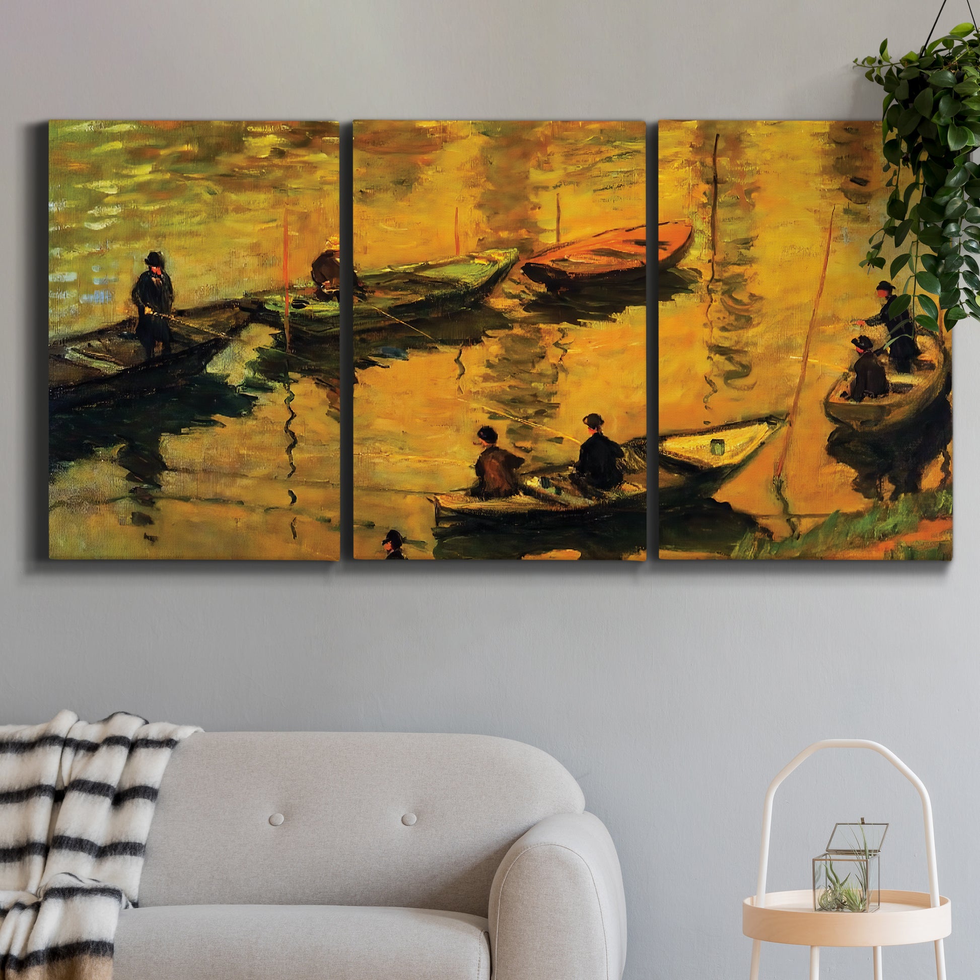 Three-panel canvas wall art featuring small boat on calm water, displayed in a modern living room above a sofa.
