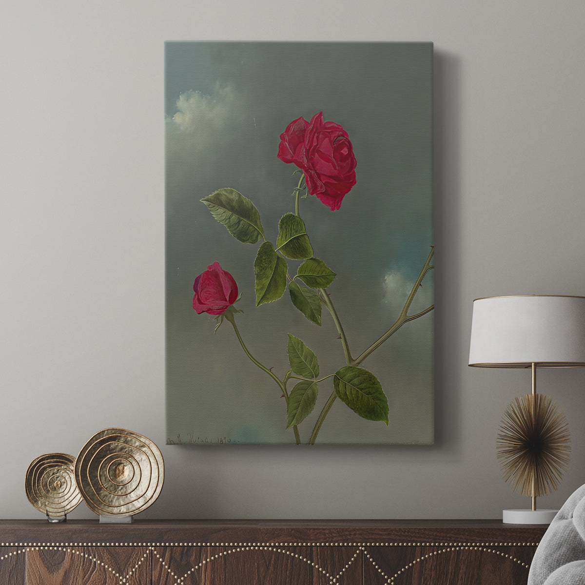 Canvas art print featuring a calm arrangement with soft highlights and detail displayed in a modern interior space.