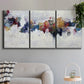Three-panel canvas wall art featuring abstract water inspired composition, displayed in a modern living room above a sofa.