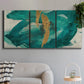 Three-panel canvas wall art featuring interconnected abstract flowing forms, displayed in a modern living room above a sofa.