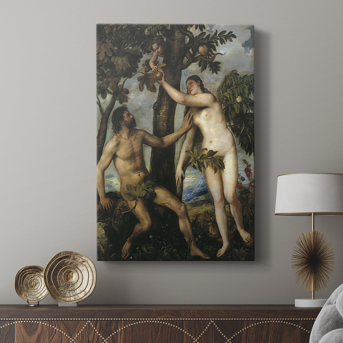 Canvas art print featuring a classical scene with balanced forms and gentle tones displayed in a modern interior space.