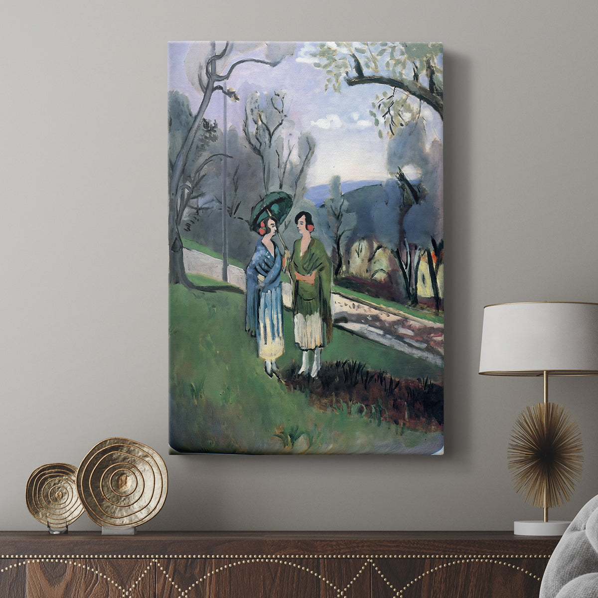 Canvas art print featuring a calm composition with figures in a natural setting displayed in a modern interior space.