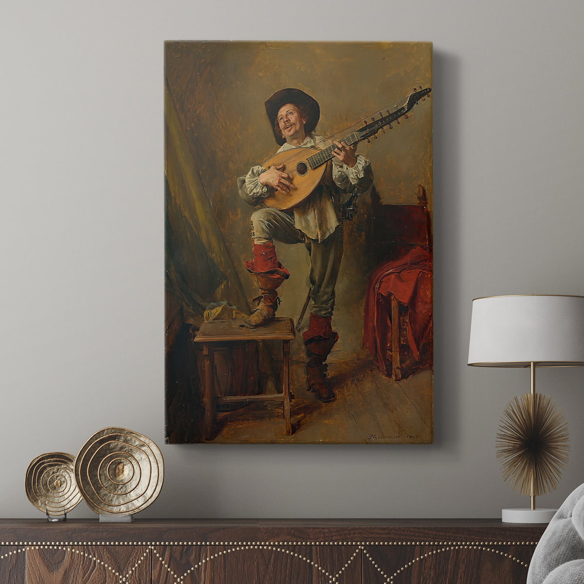Canvas art print featuring a musical moment with a soldier and soft lighting displayed in a modern interior space.