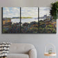 Three-panel canvas wall art featuring river with boats and shoreline, displayed in a modern living room above a sofa.