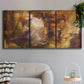 Three-panel canvas wall art featuring abstract architectural landscape, displayed in a modern living room above a sofa.