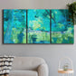 Three-panel canvas wall art featuring abstract river composition with movement, displayed in a modern living room above a sofa.