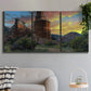 Three-panel canvas wall art featuring dramatic canyon landscape at dusk, displayed in a modern living room above a sofa.