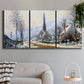 Three-panel canvas wall art featuring snow covered road leading to village, displayed in a modern living room above a sofa.