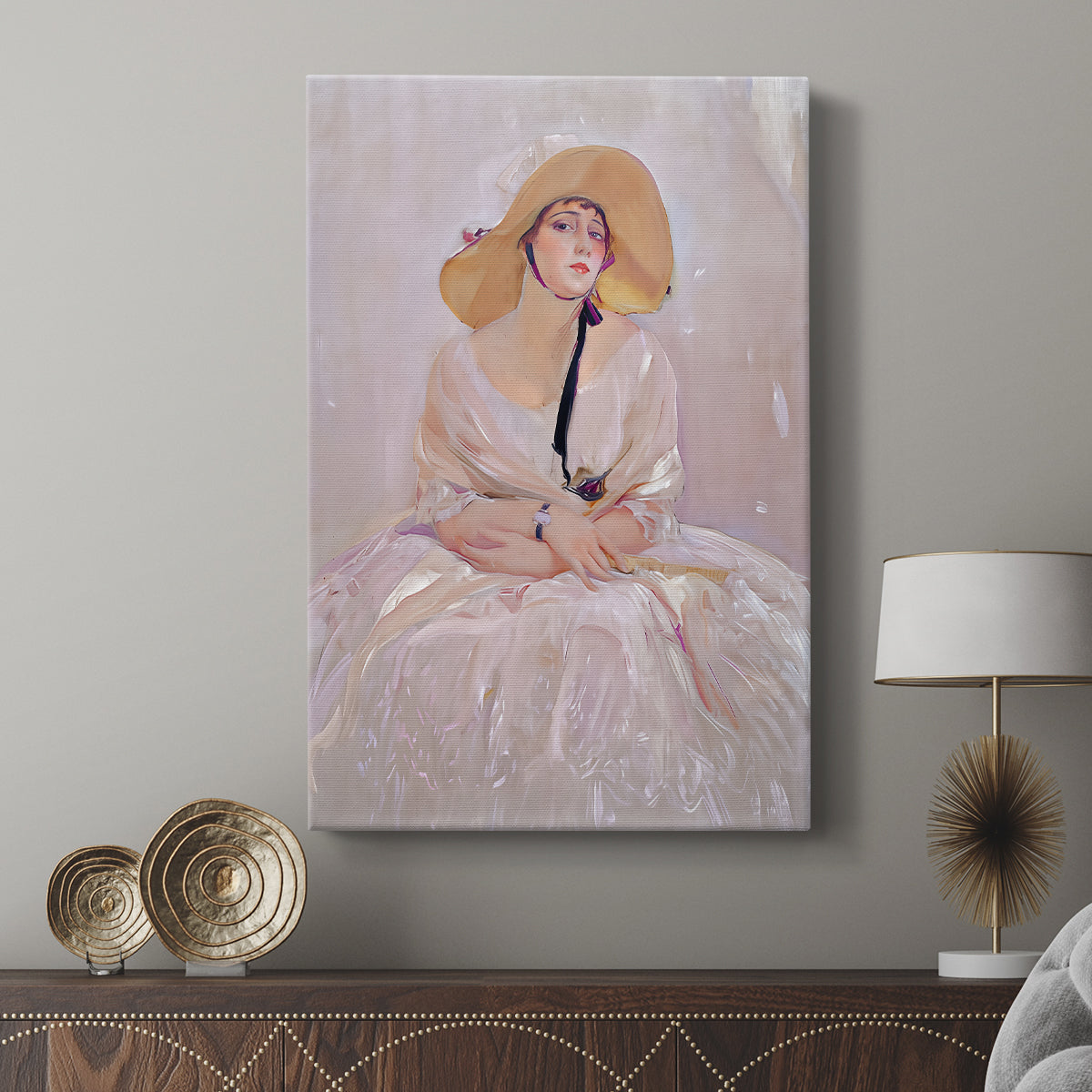 Canvas art print featuring a gentle portrait with smooth texture and subtle highlights displayed in a modern interior space.