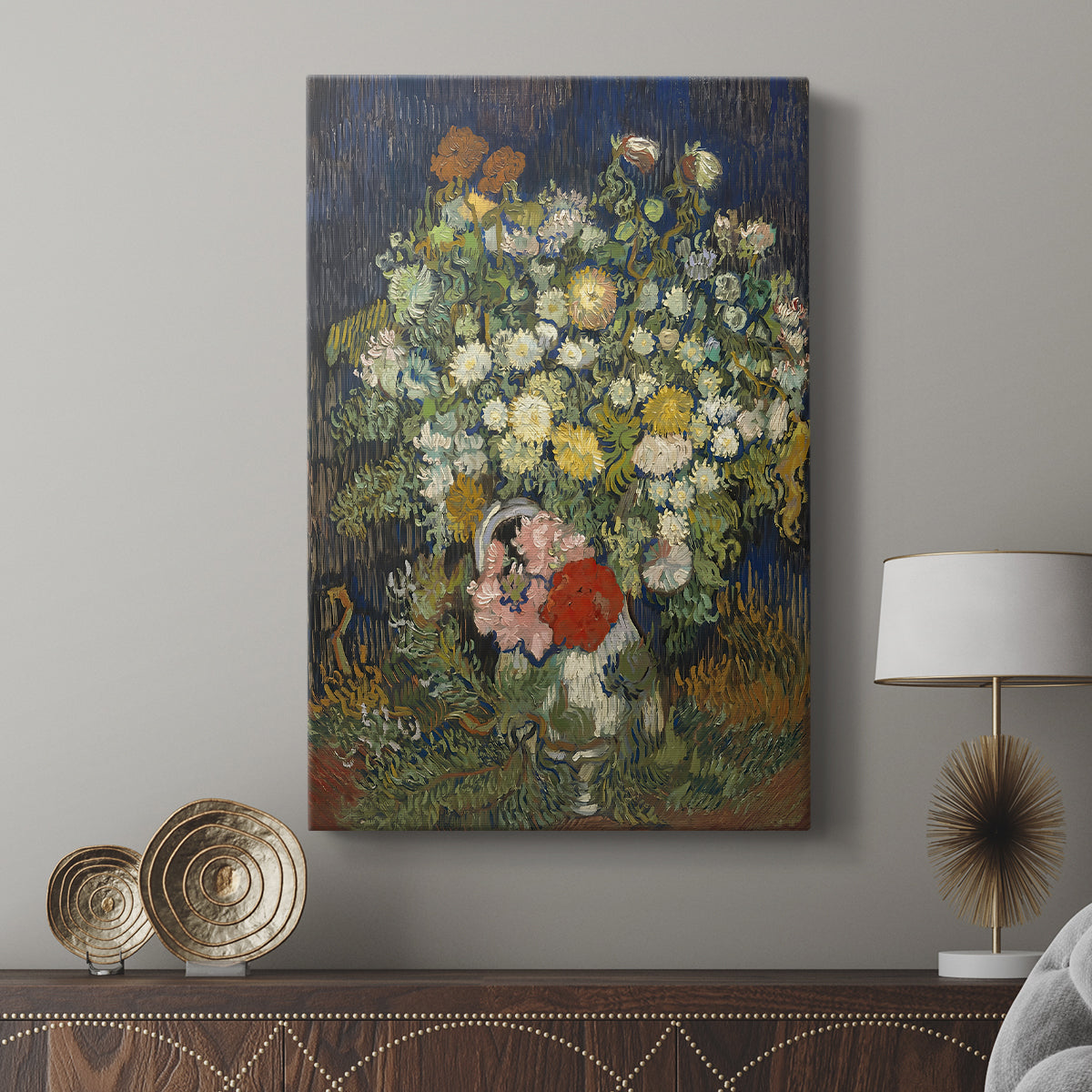 Canvas art print featuring a stylized composition with blooms and strong contrast displayed in a modern interior space.
