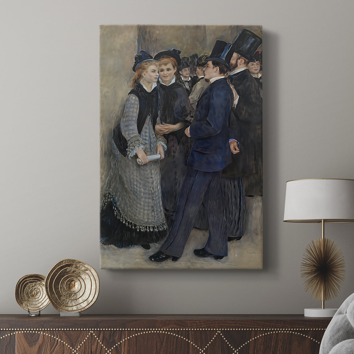Canvas art print featuring a social composition with figures in a quiet outdoor setting displayed in a modern interior space.