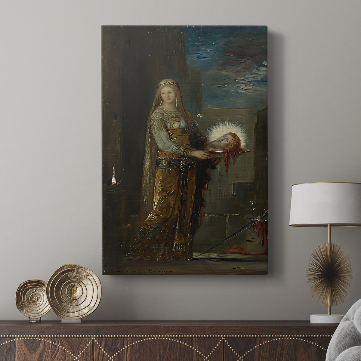 Canvas art print featuring a narrative scene with rich detail and emotional tone displayed in a modern interior space.