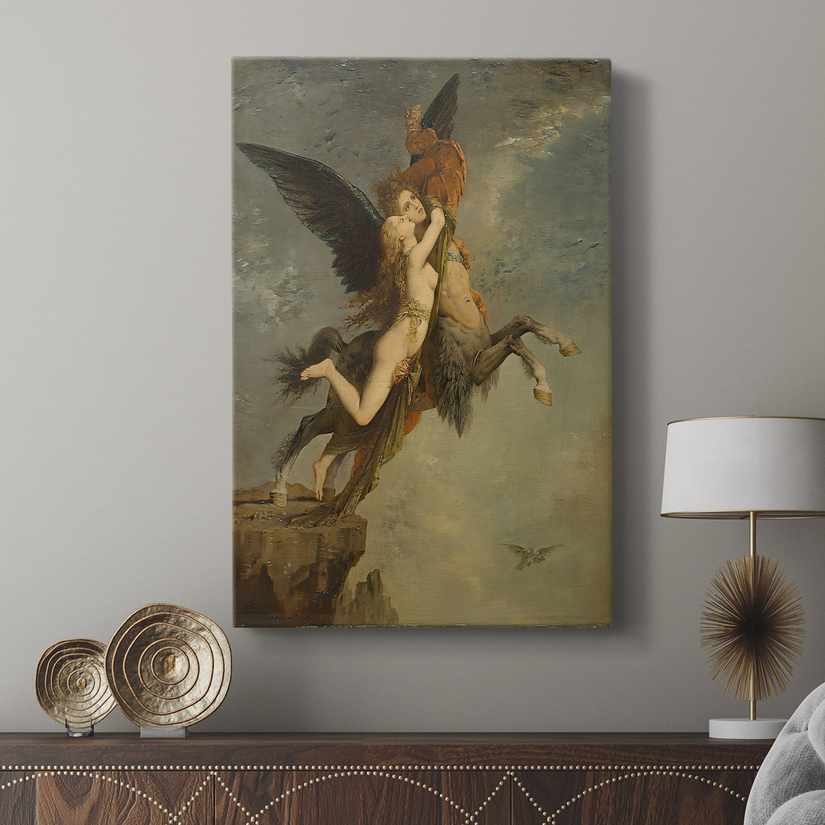 Canvas art print featuring a mythological scene with detailed forms and shadow displayed in a modern interior space.