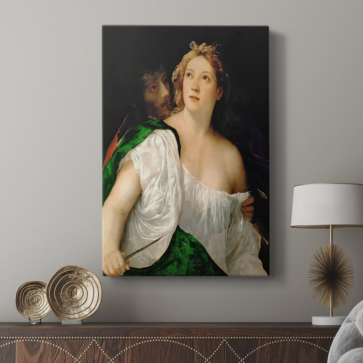 Canvas art print featuring a classical scene with interaction and layered detail displayed in a modern interior space.