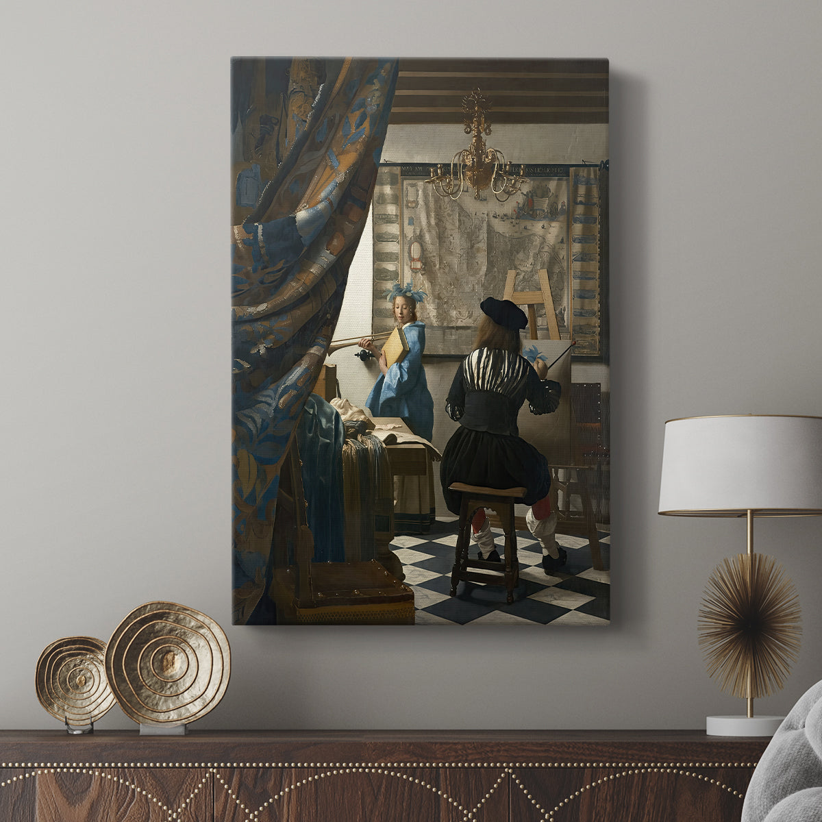 Canvas art print featuring a structured composition with artistic setting and depth displayed in a modern interior space.
