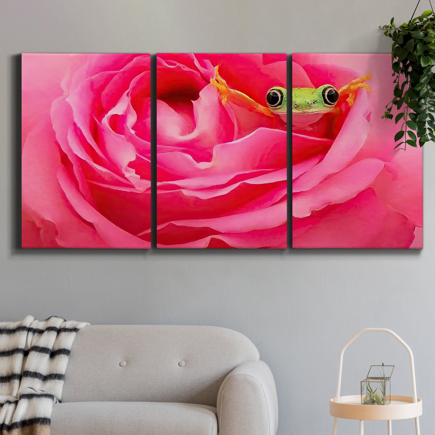 Three-panel canvas wall art featuring animal photography with floral elements, displayed in a modern living room above a sofa.