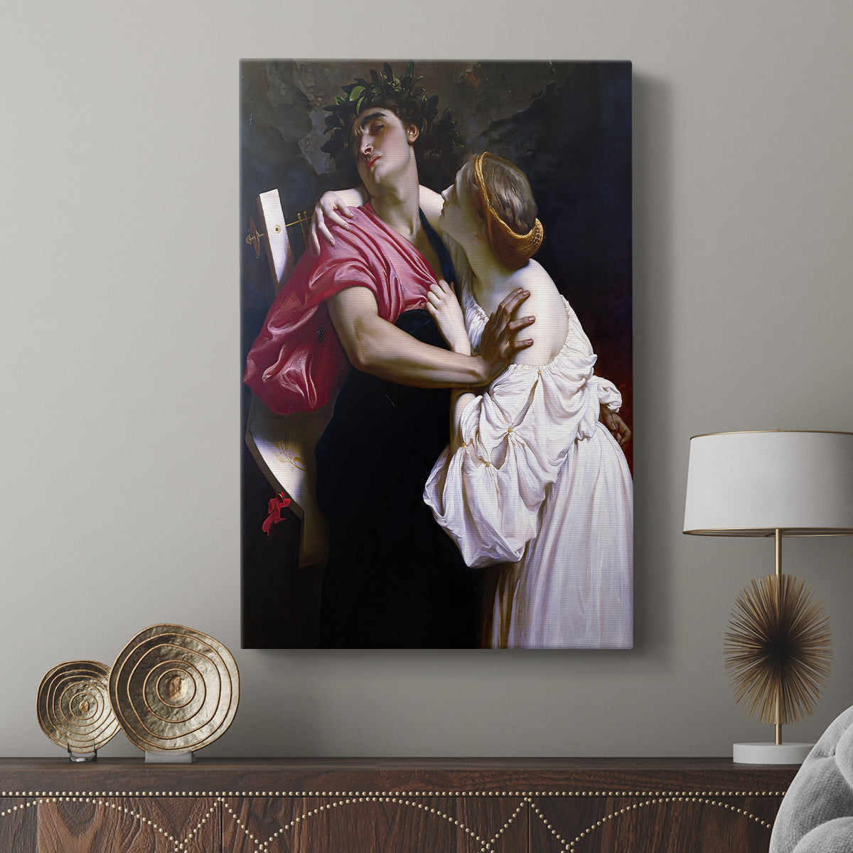 Canvas art print featuring a mythic scene with figures in soft shadow and light displayed in a modern interior space.