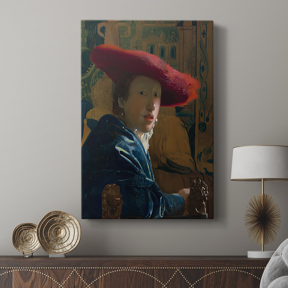 Canvas art print featuring a refined portrait with striking color and simple background displayed in a modern interior space.
