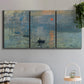 Three-panel canvas wall art featuring misty harbor sunrise with boats, displayed in a modern living room above a sofa.