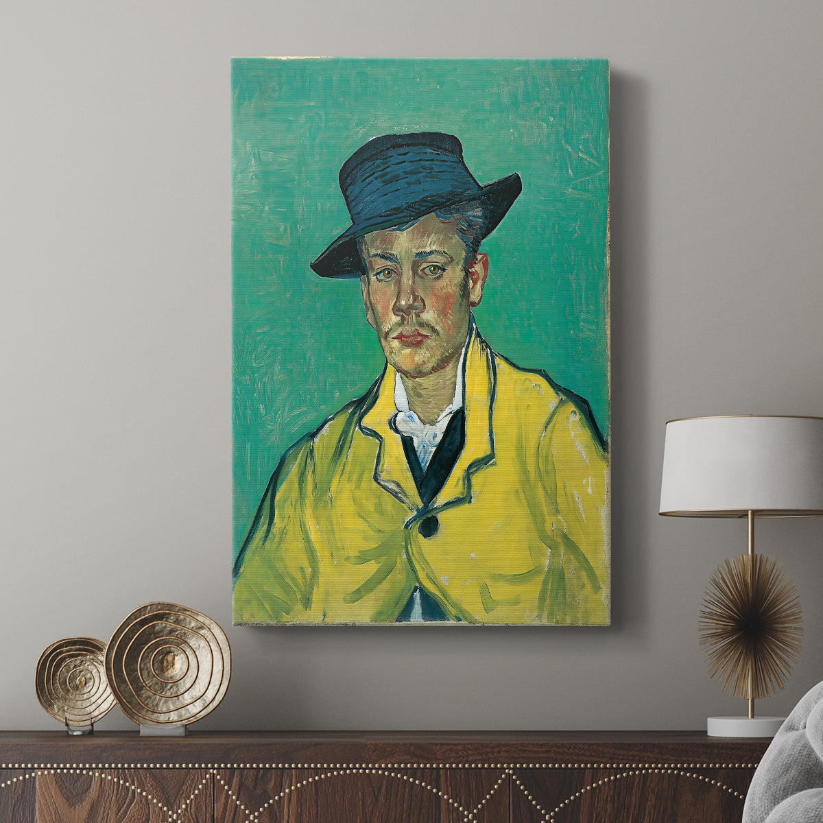 Canvas art print featuring a vivid portrait with simplified features and dynamic color displayed in a modern interior space.