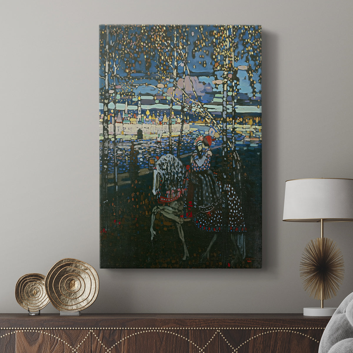 Canvas art print featuring a modern image with blended tones and abstracted forms displayed in a modern interior space.
