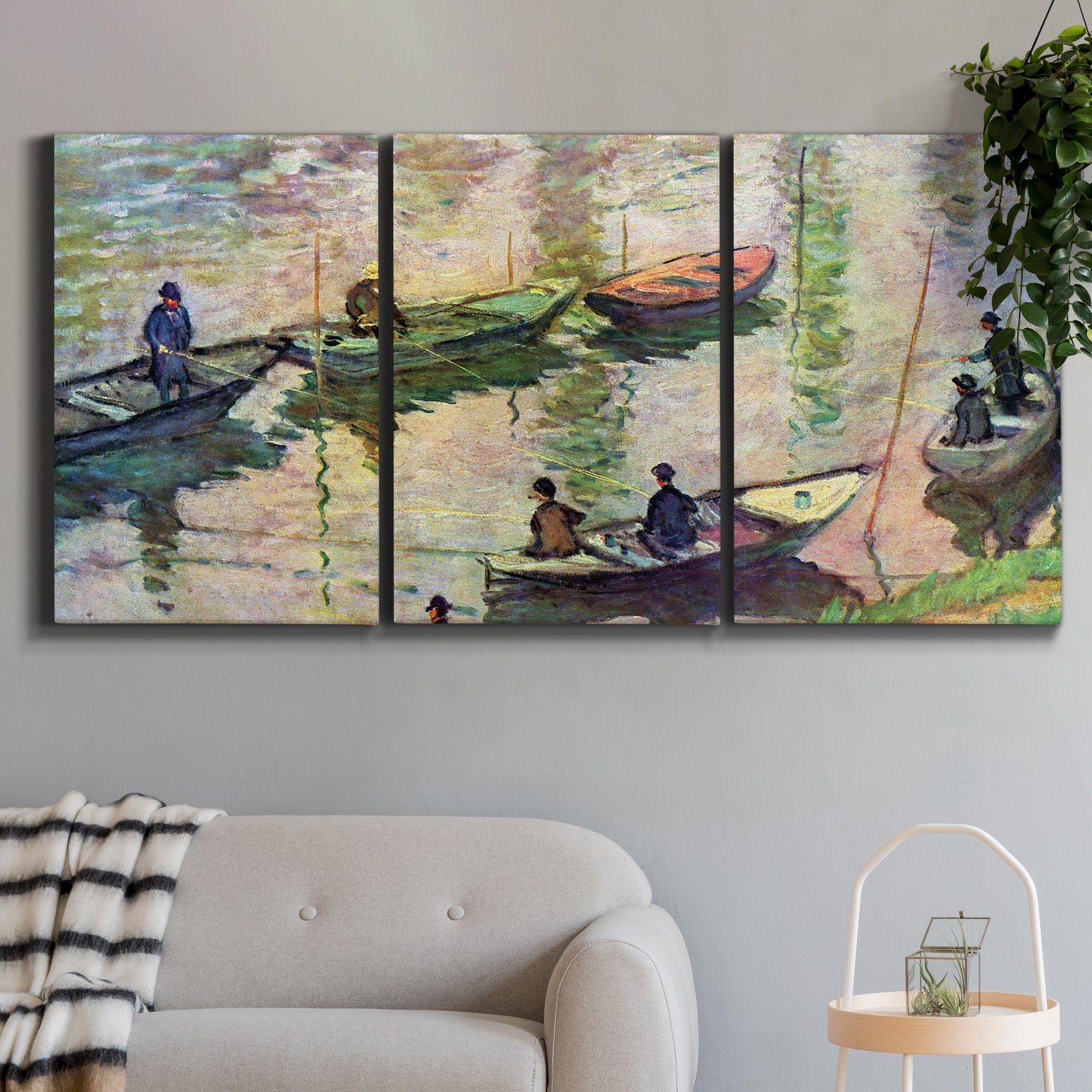 Three-panel canvas wall art featuring river scene with boats and reflections, displayed in a modern living room above a sofa.