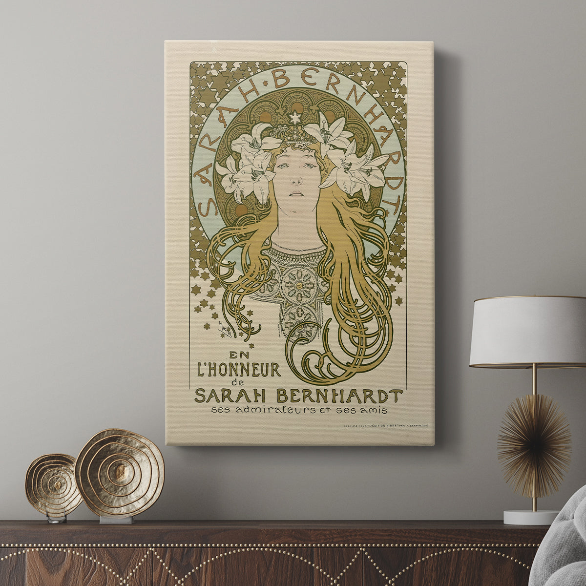 Canvas art print featuring a vintage poster featuring a female figure with theatrical elegance displayed in a modern interior space.