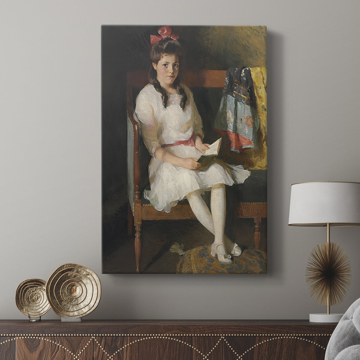 Canvas art print featuring a composed portrait with smooth texture and subtle highlights displayed in a modern interior space.
