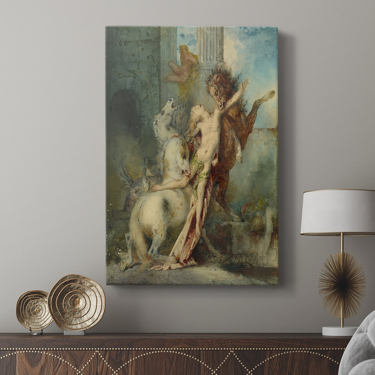 Canvas art print featuring a vivid scene with figures and animals in dynamic motion displayed in a modern interior space.