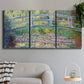Three-panel canvas wall art featuring water lilies with arched bridge, displayed in a modern living room above a sofa.