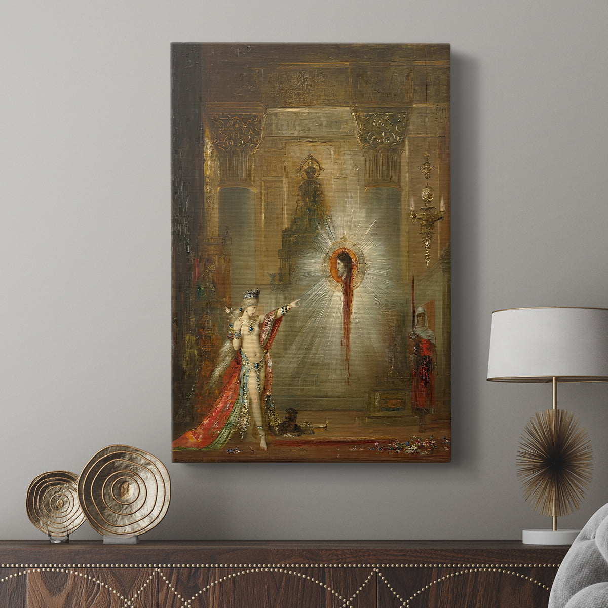 Canvas art print featuring a dramatic image with a central figure and radiant form displayed in a modern interior space.