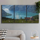 Three-panel canvas wall art featuring symmetrical water reflections with trees, displayed in a modern living room above a sofa.