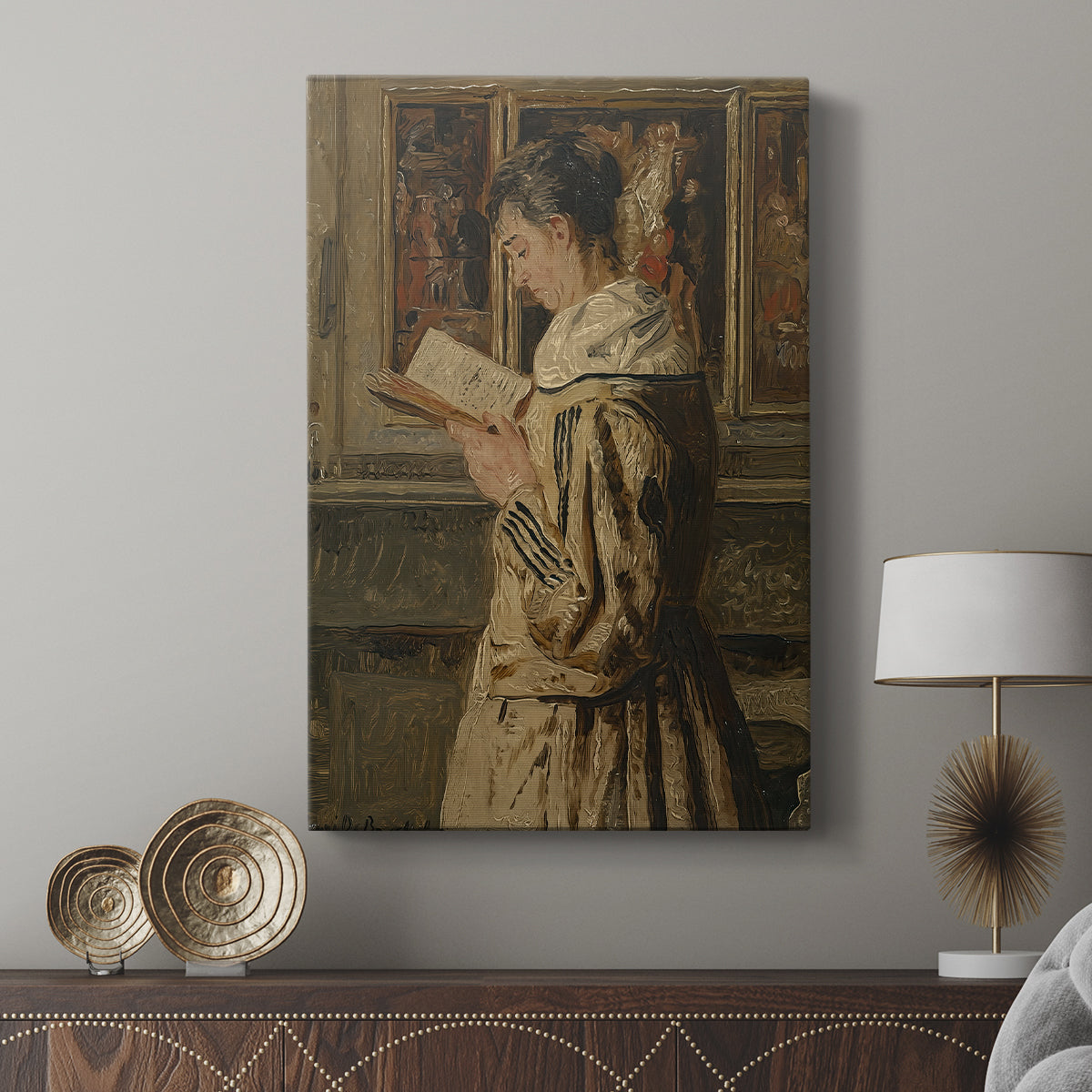 Canvas art print featuring a calm domestic scene with warm tones and subtle detail displayed in a modern interior space.