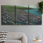 Three-panel canvas wall art featuring calm coastal landscape sanctuary, displayed in a modern living room above a sofa.