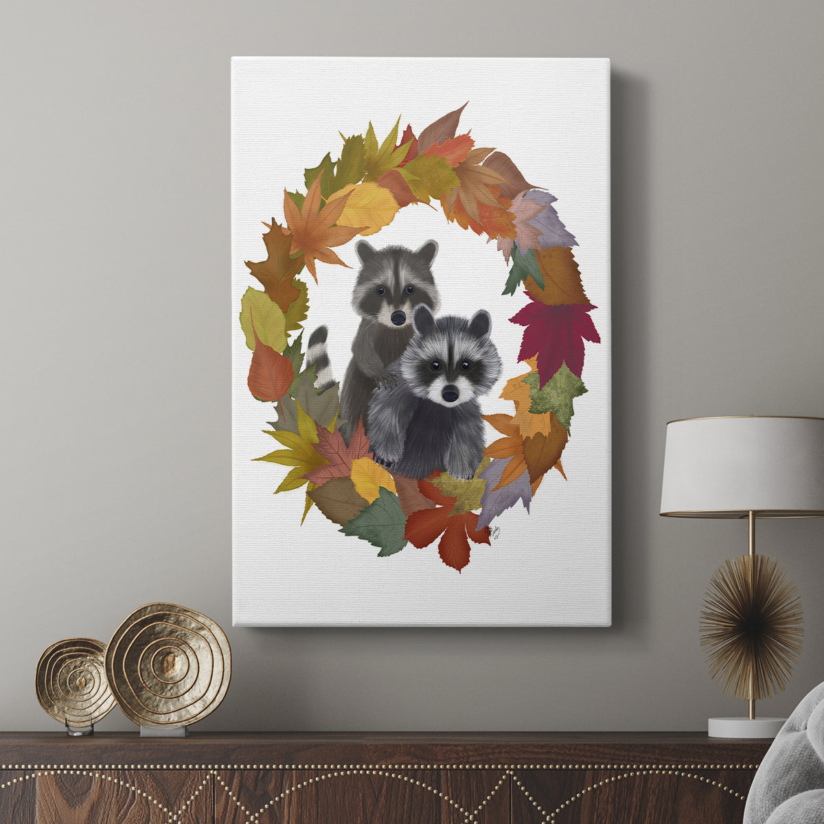 Raccoons Autumn Leaf Wreath - Canvas Art Print