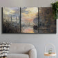 Three-panel canvas wall art featuring winter river sunset with reflections, displayed in a modern living room above a sofa.