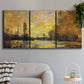 Three-panel canvas wall art featuring quiet river branch landscape, displayed in a modern living room above a sofa.