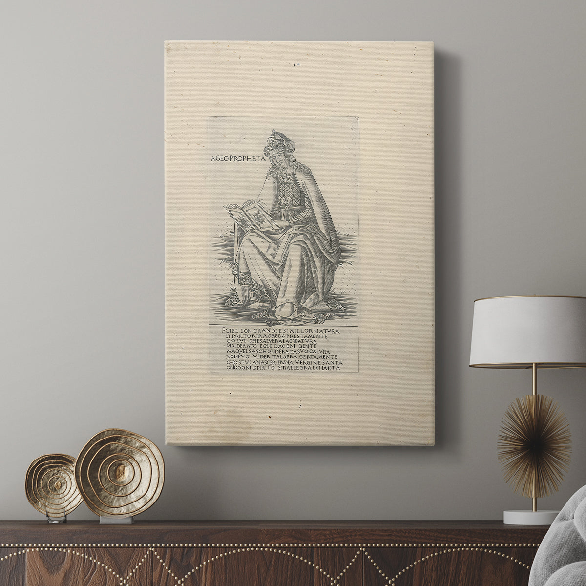 Canvas art print featuring a detailed illustration with strong outline and simple background displayed in a modern interior space.