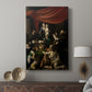 Canvas art print featuring a devotional scene with rich tones and deep shadows displayed in a modern interior space.