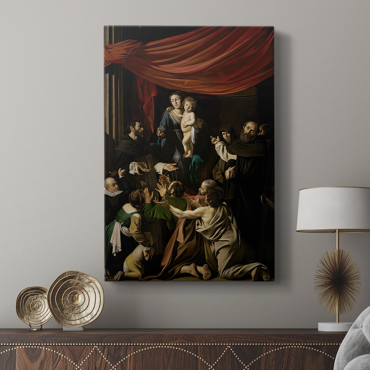 Canvas art print featuring a devotional scene with rich tones and deep shadows displayed in a modern interior space.