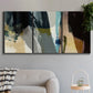 Three-panel canvas wall art featuring layered neutral abstract textures, displayed in a modern living room above a sofa.