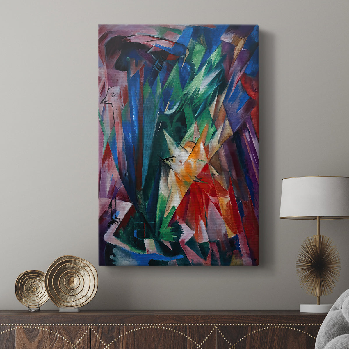 Canvas art print featuring a vivid arrangement of birds with expressive brushwork displayed in a modern interior space.